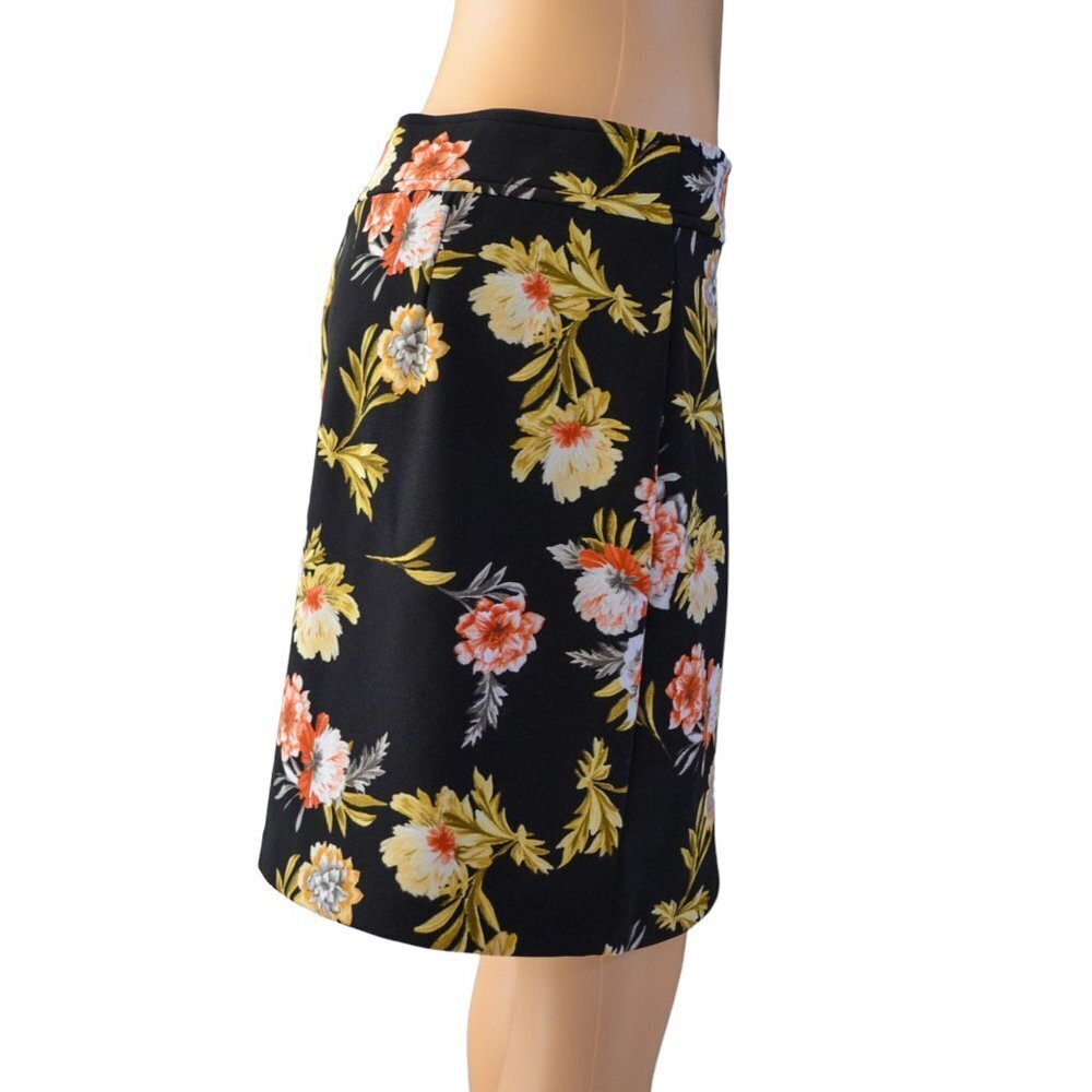 INC Women Zip-Front Mini Skirt Yellow Peach White Floral Pattern on Black Size L - Picture 3 of 9